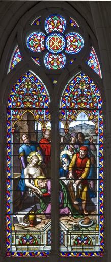 Vue d'ensemble. Verrière située dans le choeur et réalisée par le peintre verrier Gaspard Gsell (1814-1904).