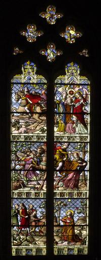 Vue d'ensemble. Verrière située dans le choeur et réalisée par le peintre verrier Gaspard Gsell (1814-1904)..
