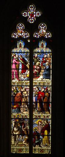 Vue d'ensemble. Verrière située dans le choeur et réalisée par le peintre verrier Gaspard Gsell (1814-1904)..