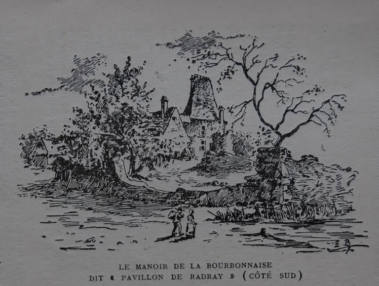 Gravure du Manoir des seigneurs de Margon, vue de situation, par Moulin, première moitié 19e siècle. (Archives départementales d'Eure-et-Loir, BR art 26-1).