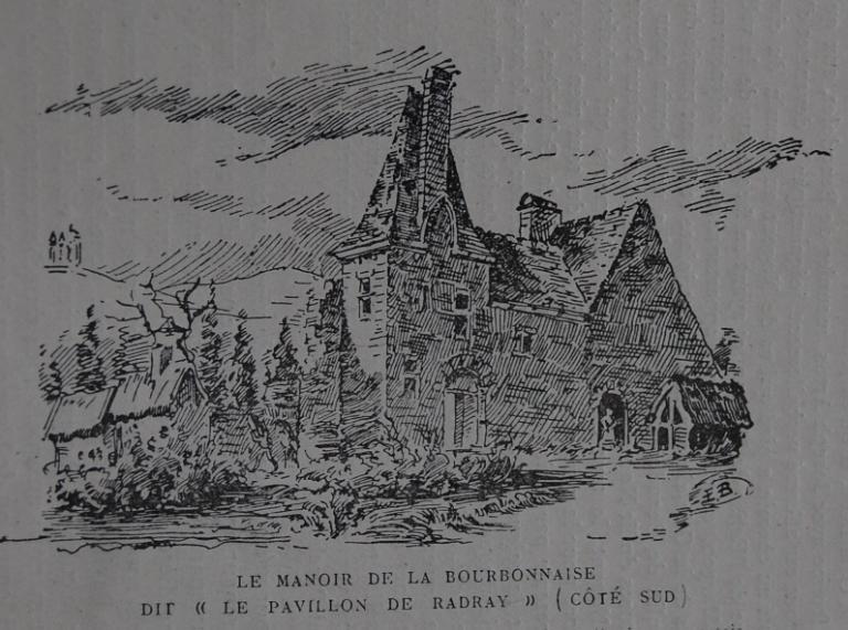 Gravure du Manoir des seigneures de Margon, vue générale sud, par Moulin, première moitié 19e siècle. (Archives départementales d'Eure-et-Loir, BR art 26-1).AD, Eure-et-Loir, BR art 26-1).