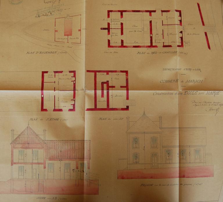 Projet de construction d'une mairie-école, par l'architecte Proust en 1878. (Archives départementales d'Eure-et-Loir, 2 O 2181).