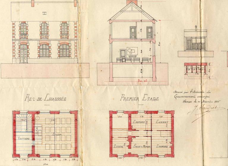 Projet de construction de l'école de filles dressé par l'architecte Saudret en 1905, détail des plans et élévations. (Archives départementales d'Eure-et-Loir, 2 O 575).