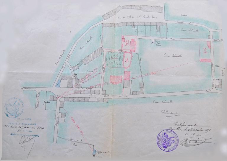 Plan du bourg réalisé en 1898 à l'occasion de l'installation du puits communal. (Archives départementales d'Eure-et-Loir, 2 O 526).