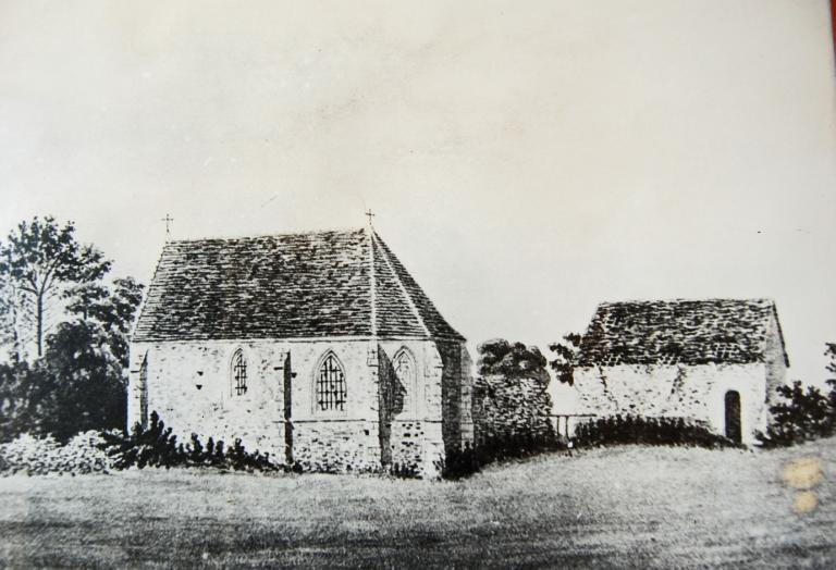 Gravure de l'église par A. Jubault, octobre 1877. (Archives communales de Champrond-en-Perchet). ; Le Petit Champrond, église paroissiale Saint-Aubin actuellement en ruine. (Archives communales de Champrond-en-Perchet).