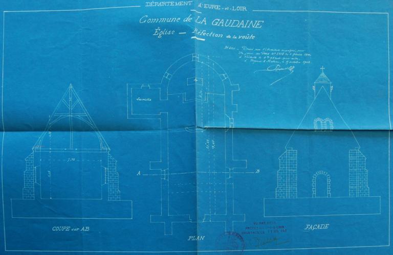 Projet de réfection de la toiture, par l'architecte Arthur-Joseph Proust en 1902. (Archives départementales d'Eure-et-Loir, 2 O 625).