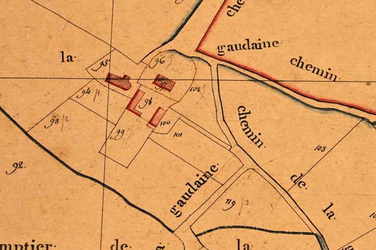 Extrait du plan cadastral de 1811, section A. (Archives départementales d'Eure-et-Loir, 3 P 4433). ; Extrait du plan cadastral de 1811. (Archives départementales d'Eure-et-Loir, 3 P 4433). ; Extrait du plan cadastral de 1811, section A.  (Archives départementales d'Eure-et-Loir, 3 P 4433).