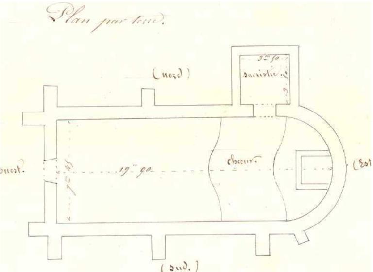 Plan de l'église par l'agent voyer Joseph Valet en 1852. (Archives départementales d'Eure-et-Loir, 1 O 295).