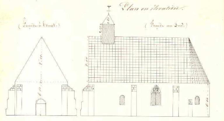 Élévations de l'église paroissiale, dressées par l'agent voyer Joseph Valet en 1852. (Archives départementales d'Eure-et-Loir, 1 O 295).