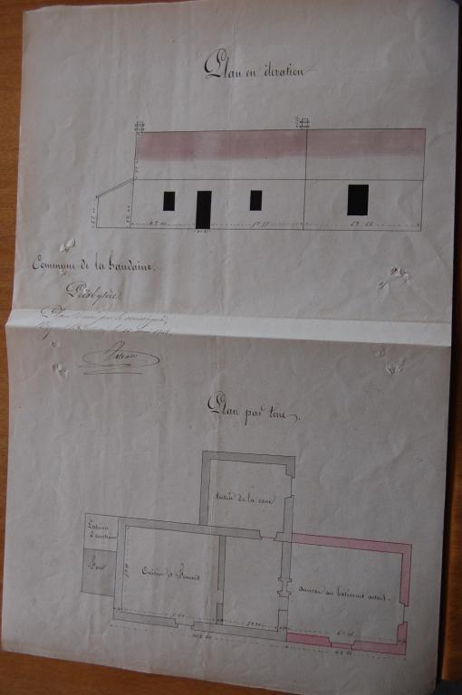 Projet d'agrandissement du presbytère dressé par l'agent voyer Joseph Valet en 1849 (projet non réalisé). (Archives départementales d'Eure-et-Loir, 2 O 626).