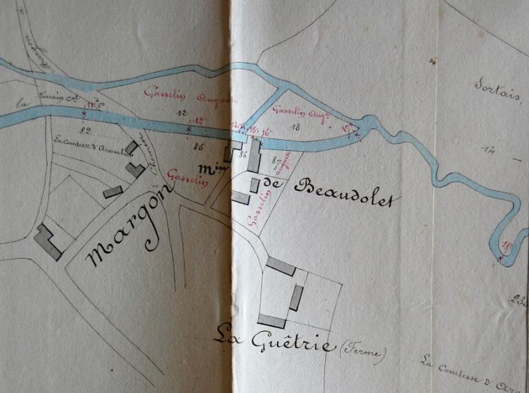 Plan du règlement d'eau de la rivière de la Cloche dressé par l'ingénieur ordinaire des Ponts en Chaussées en 1856. (Archives départementales d'Eure-et-Loir, 7 S 84).