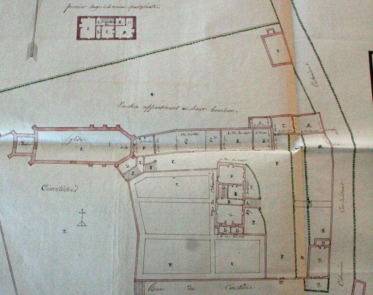 Détail du plan géométrique (l'église paroissiale et le presbytère). (Archives départementales d'Eure-et-Loir, 4 Z Art. 131).