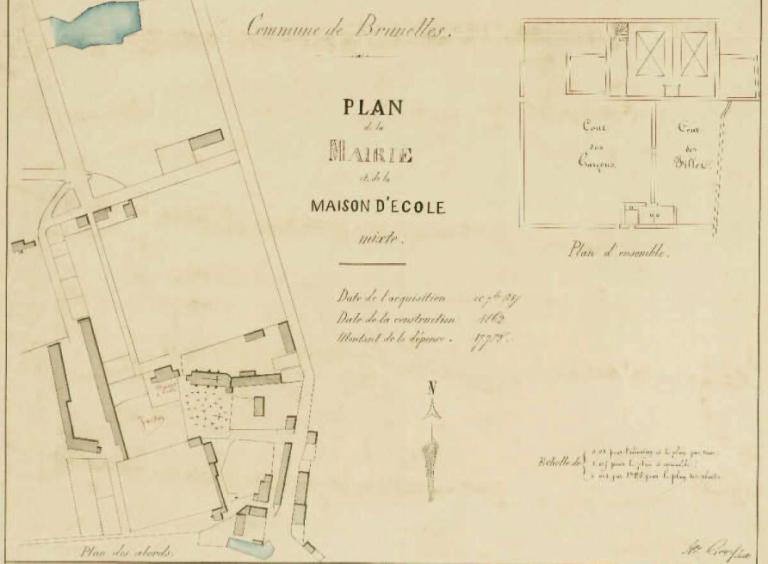 Mairie et de la maison d'école, plan d'ensemble et des abords dressés par Alexandre Goyet, instituteur, en 1868. (Archives départementales d'Eure-et-Loir, 5 Fi 52).