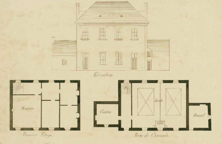 Mairie et de la maison d'école, plans et élévation dressés par Alexandre Goyet, instituteur, en 1868. (Archives départementales d'Eure-et-Loir, 5 Fi 52).