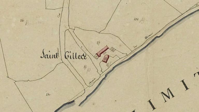 Extrait du cadastre de 1811, section E2 : emplacement de l'ancienne chapelle Saint-Gilles (détruite). (Archives départementales d'Eure-et-Loir, 3 P 3855 - 3865).