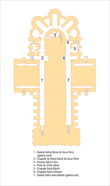 Plan de la crypte. Dessin d'après René Merlet (In : La Cathédrale de Chartres, Paris, Laurens, 1909).