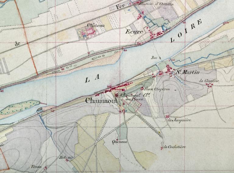 Carte de la Loire, détail sur la ville de Chaumont-sur-Loire, entre 1848 (présence de la cale de la Tuilerie) et 1858 (absence du pont suspendu). (archives nationales, CP F 14 10066/8 pièce 6).