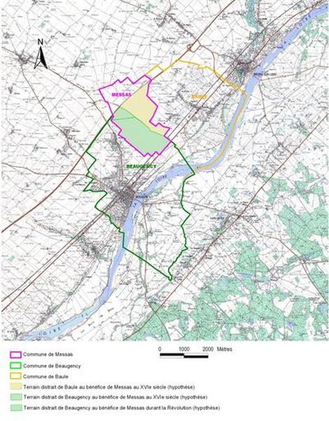 Limites des territoires de Beaugency et Baule avant la création de la paroisse de Messas en 1524 (hypothèse).