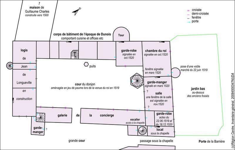 Plan schématique du rez-de-chaussée du logis seigneurial et distribution partielle vers 1518-1520.