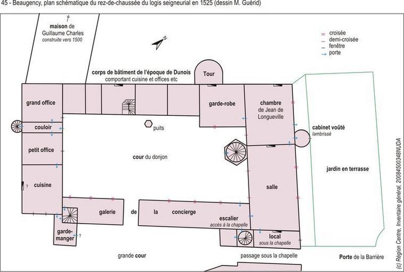 Plan schématique du rez-de-chaussée du logis seigneurial et fonction des diverses pièces en 1525.