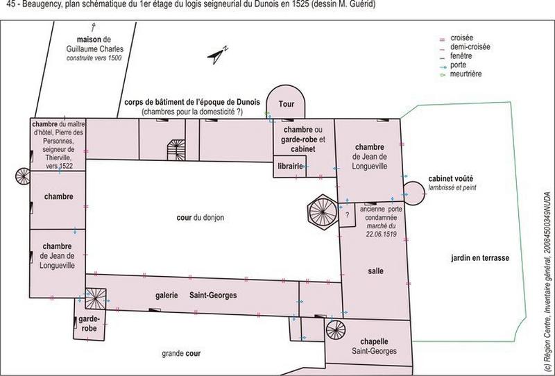 Plan schématique de l'étage du logis seigneurial et fonction des diverses pièces en 1525.