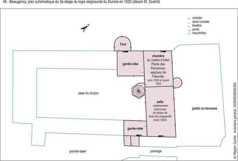 Plan schématique du second étage du logis de Dunois et fonction des pièces vers-1520-1525.