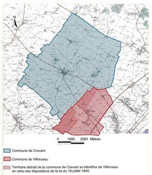 Territoire distrait de la commune de Cravant au bénéfice de Villorceau en vertu des dispositions de la loi du 19 juillet 1845.