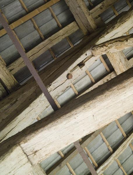 Tête d'un boulon à clavette enserrant l'arbalétrier d'une ferme avec une pièce de bois qui le prolonge.