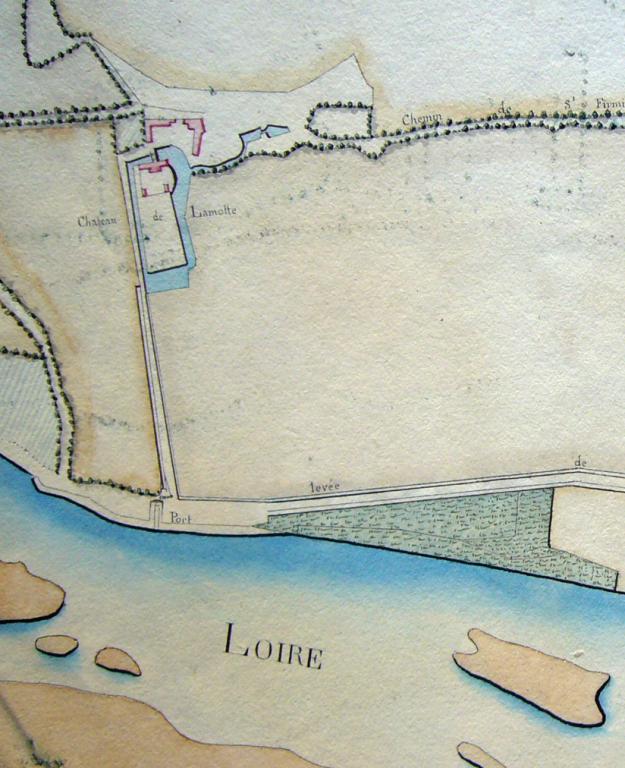 Plan du cours de la Loire, 11 février 1834, par l'ingénieur Navarre, détail sur le port de la Mothe. (archives nationales, site de Paris, CP F 14 100 66/1, dossier 1, pièce 1). ; Plan du cours de la Loire, 11 février 1834, par l'ingénieur Navarre, détail sur le port de la Mothe. (archives nationales, site de Paris, CP F 14 100 66/1, dossier 1, pièce 1).