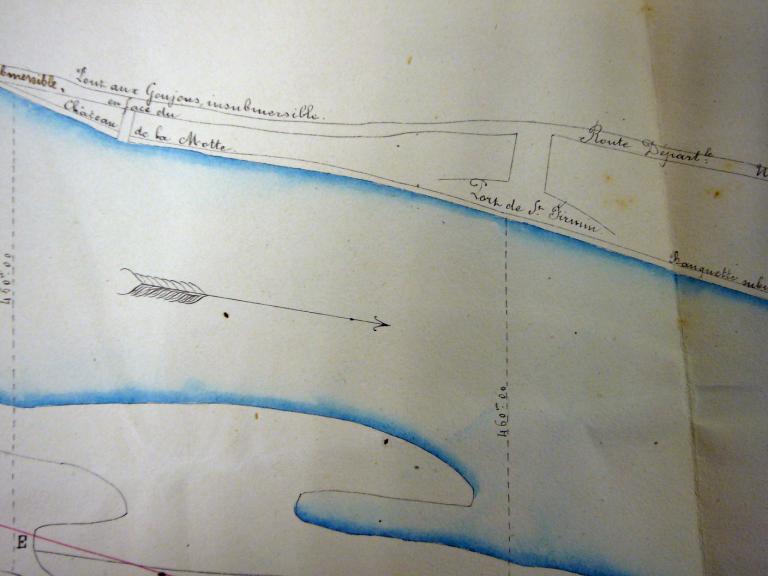 Plan des berges de la Loire entre Saint-Firmin et Châtillon, 13 mai 1867, par l'ingénieur Perrodil. Détail sur le port de Saint-Firmin et le pont situé en face du château de la Mothe. (archives départementales du Loiret, 2 S 281).