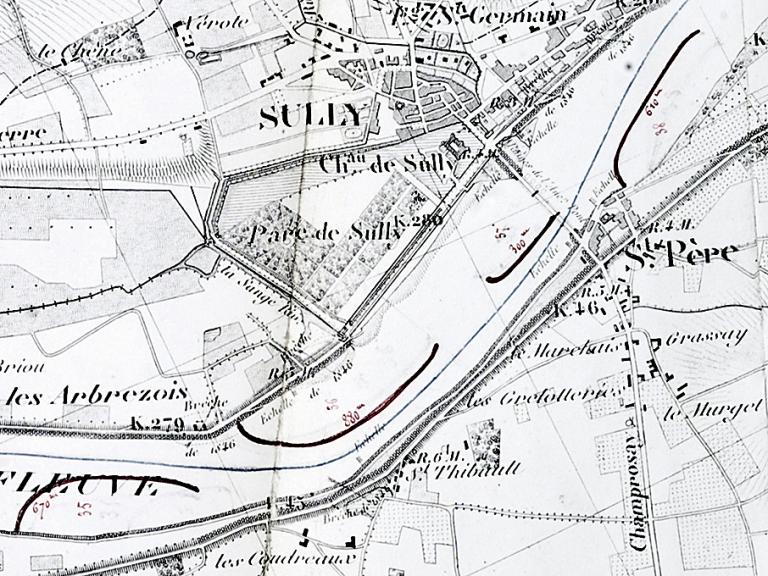 Carte de la Loire entre Briare et Nantes par l'ingénieur Coumes (1848) annotée par l'ingénieur Collin, 25 mai 1858. Détail. (archives départementales du Loiret, Liasse 30936).
