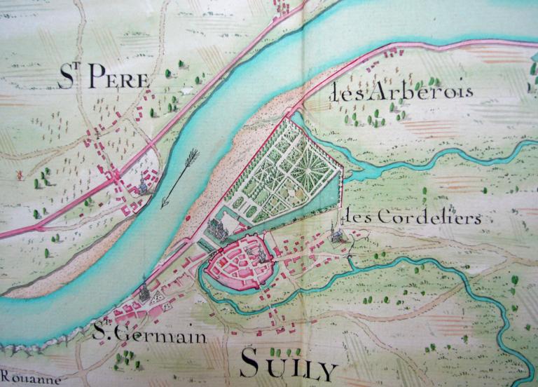Carte du cours de la rivière de Loire depuis Orléans jusqu'à Decize levée en 1727-1730 sous la conduite du sieur Matthieu. Détail sur Sully et Saint-Père. (école nationale des Ponts-et-Chaussées, Folio 4969).