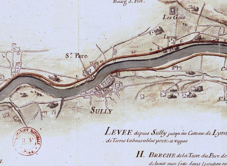 Carte du cours de la Loire depuis Briare en descendant jusqu'à Orléans, par Mathieu, vers 1709. Détail sur Sully et Saint-Père. (bibliothèque nationale de France, Cartes et Plans : Ge DD 2987 n° 1219).