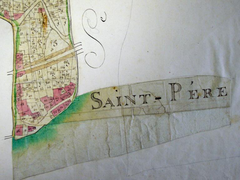 Extrait du cadastre napoléonien de 1809 mentionnant la cale abreuvoir. (archives départementales du Loiret, 3 P 297). ; Extrait du cadastre napoléonien, 1809 : le bourg. (archives départementales du Loiret, 3 P 297).