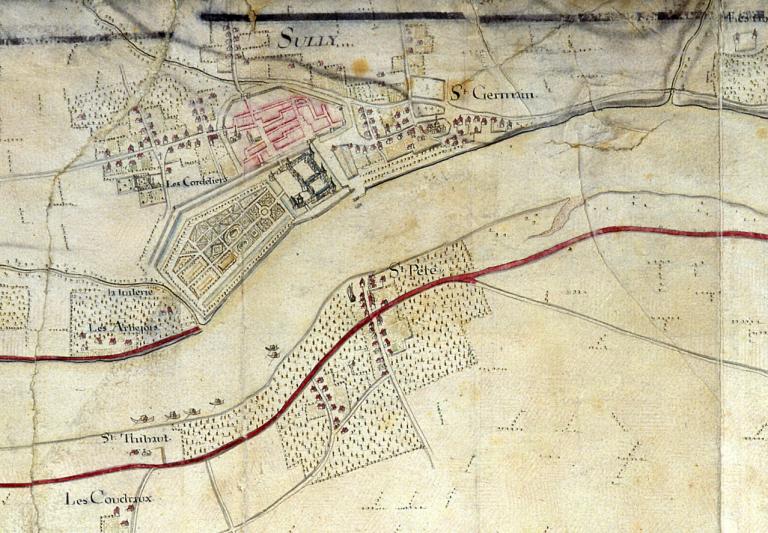 Carte du cours de la Loire dans l'étendue de l'élection d'Orléans, première moitié du XVIIIe siècle, détail sur Sully. (archives nationales, site de Paris, CP F 14 100 66/3).