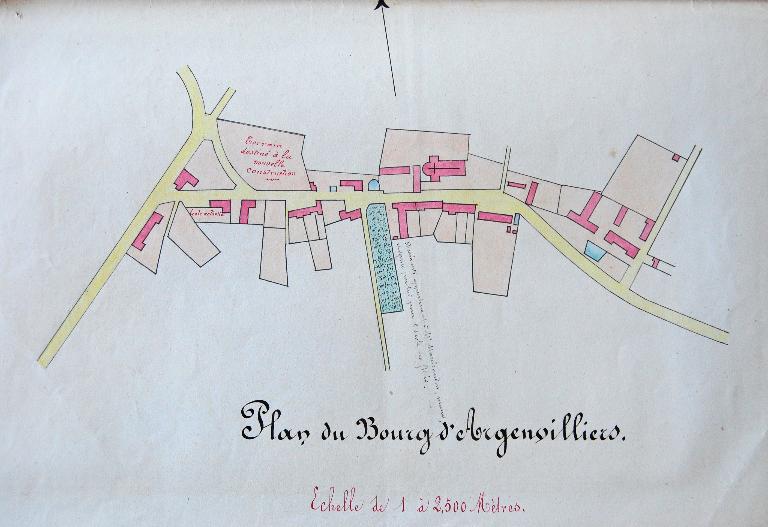 Plan du bourg dressé en 1873 (emplacement projeté de la nouvelle mairie-école). (Archives départementales d'Eure-et-Loir, 2 O 080).