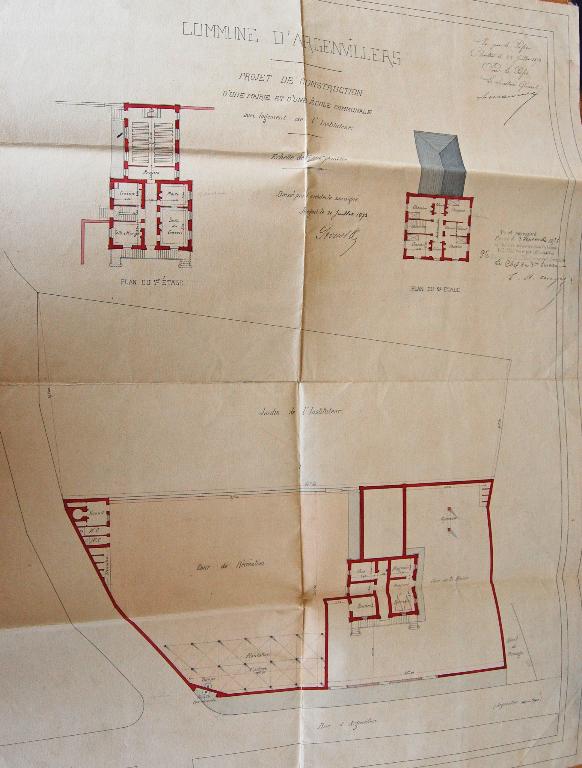 Projet de construction de la mairie-école, plan dressé par l'architecte Proust en 1873, vue d'ensemble. (Archives départementales d'Eure-et-Loir, 2 O 80).