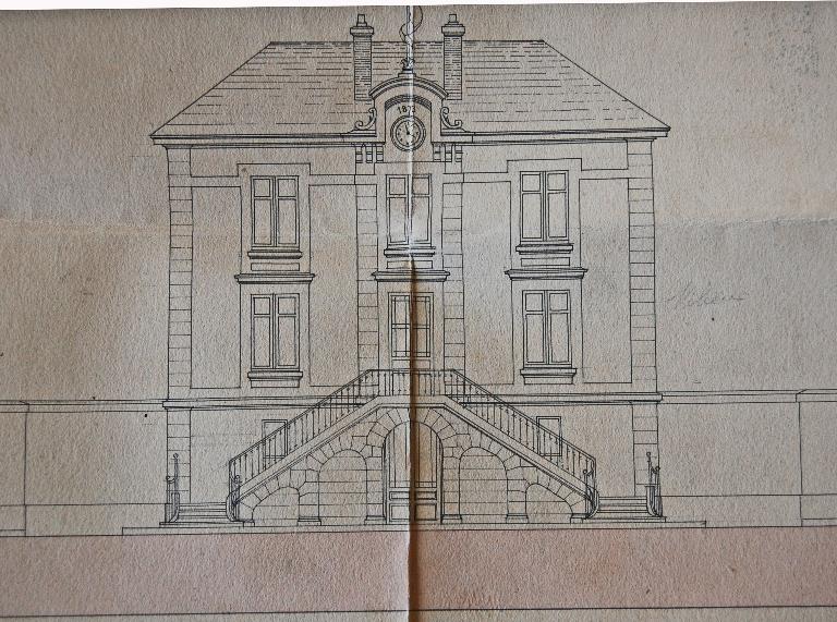 Projet de construction de la mairie-école, par l'architecte Proust en 1873, élévation nord. (Archives départementales d'Eure-et-Loir, 2 O 80).