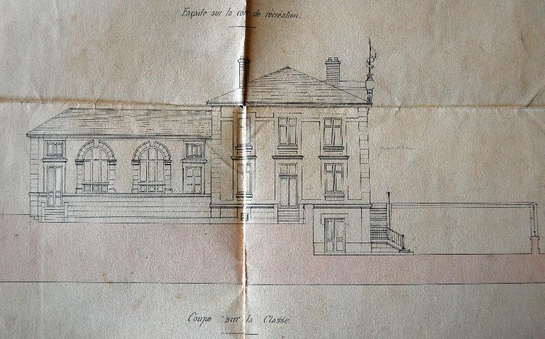 Projet de construction de la mairie-école, par l'architecte Proust en 1873, élévation est. (Archives départementales d'Eure-et-Loir, 2 O 80).