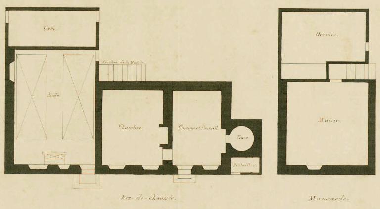 Plan de la maison servant de mairie et d'école dressé par l'instituteur Pichot en 1868, détail du plan au sol. (Archives départementales d'Eure-et-Loir, 5 Fi 4).