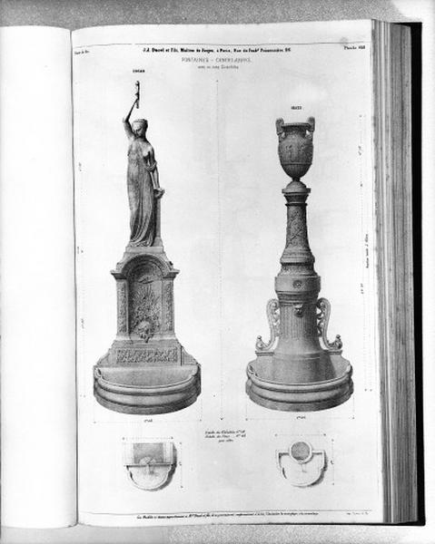 Planche 228 du catalogue de la fonderie d'art Ducel : fontaines, candélabres.