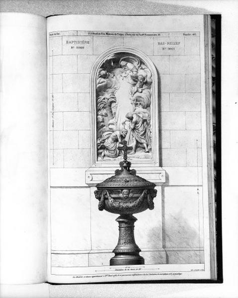 Planche 411 du catalogue de la fonderie d'art Ducel : baptistère, bas-relief.