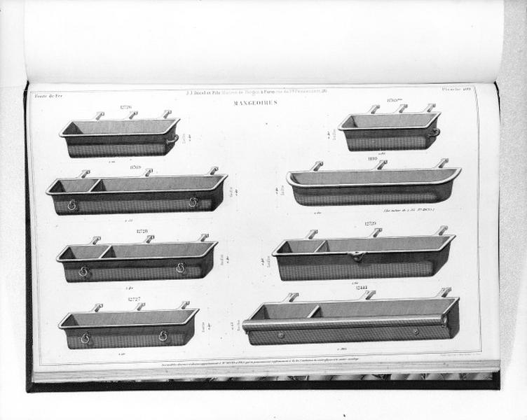 Planche 409 du catalogue de la fonderie d'art Ducel : mangeoires.