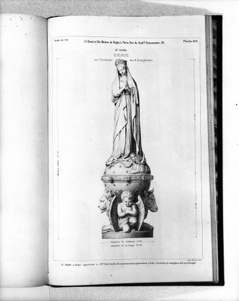 Planche 408 du catalogue de la fonderie d'art Ducel : statue de la Vierge sur piédestal des quatre évangélistes.