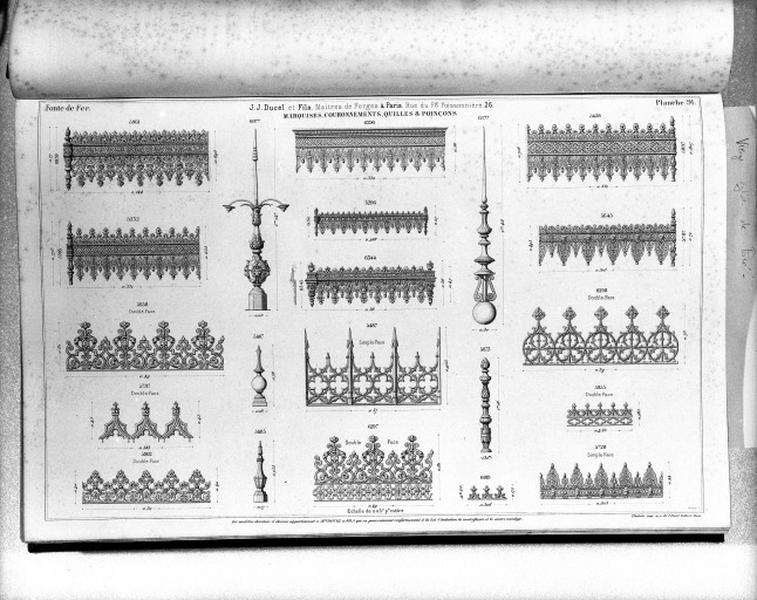 Planche 91 du catalogue de la fonderie d'art Ducel : marquises, couronnements, quilles et poinçons.