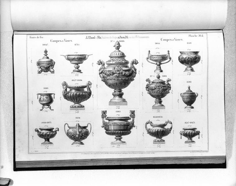 Planche 364 du catalogue de la fonderie d'art Ducel : coupes et vases.