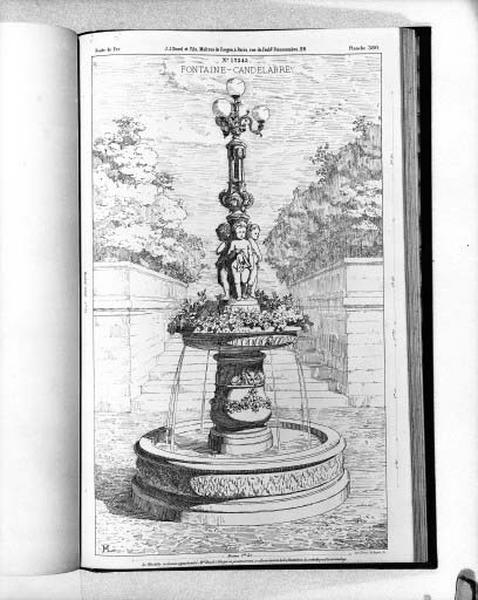 Planche 380 du catalogue de la fonderie d'art Ducel : fontaine, candélabre.