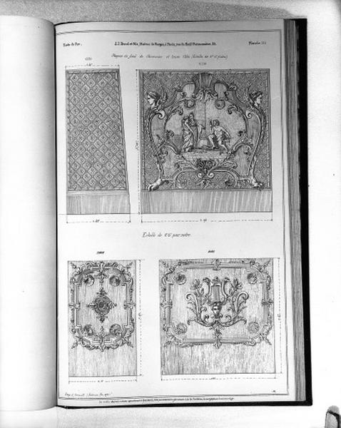 Planche 379 du catalogue de la fonderie d'art Ducel : plaques de fond de cheminées et leurs côtés.