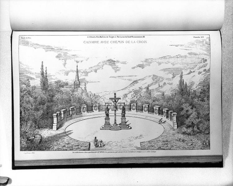 Planche 377 du catalogue de la fonderie d'art Ducel : calvaire avec chemin de croix.