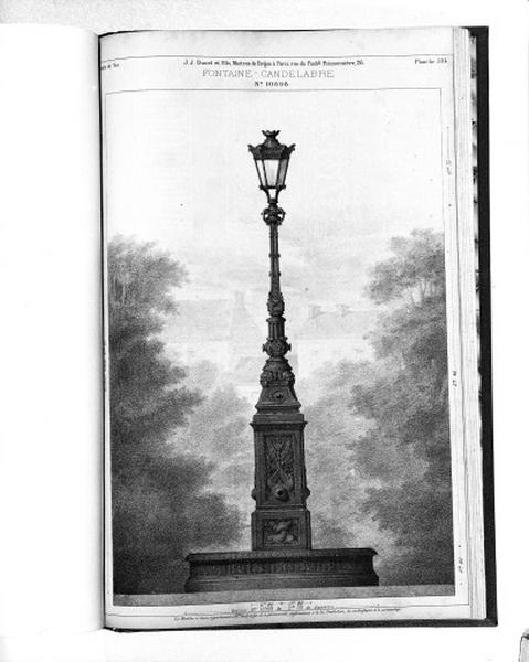 Planche 394 du catalogue de la fonderie d'art Ducel : fontaine, candelâbre.